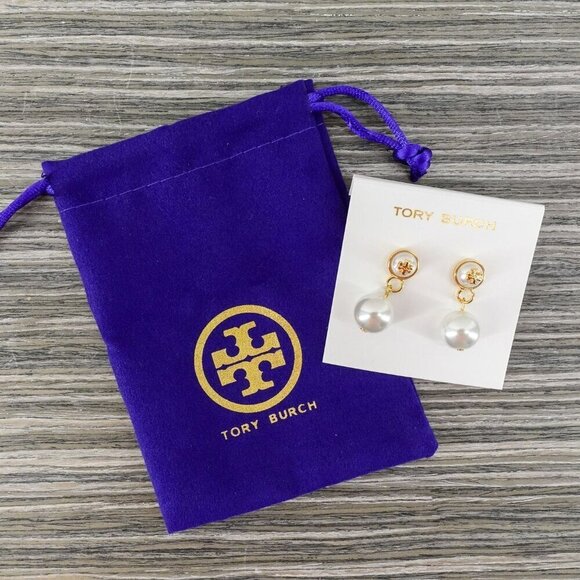 Tory Burch Saher Logo Drop Earrings Ivory/Tory Gold OS - Picture 11 of 12